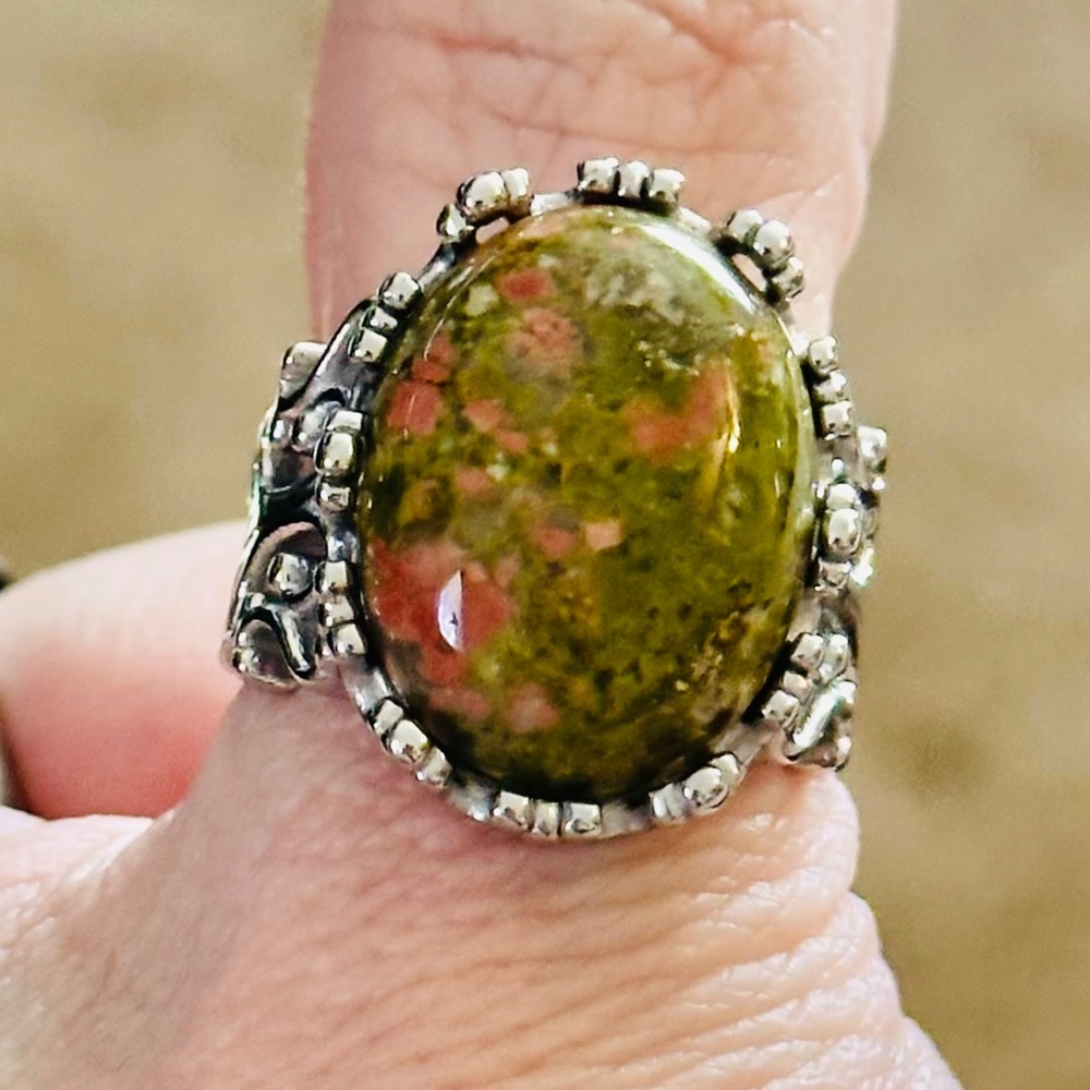 Unakite Gemstone Statement Ring Cocktail Ring Size 8.75 Artisan NWOT Cabochon